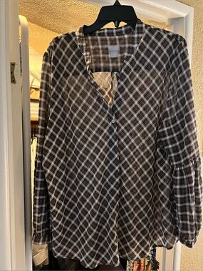 Chico's Olive Green and White Plaid Button-Front Women's Shirt